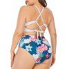 Plus Size Flower Lace Up Cross Tummy Control Tankini Swimwear - multicolor 4XL