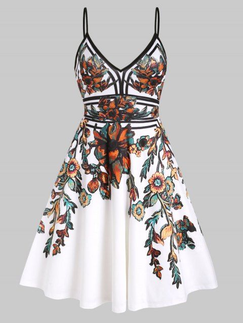 Plus Size & Curve Sundress Flower Midi Dress Leaf Print Vacation A Line Slip Dress