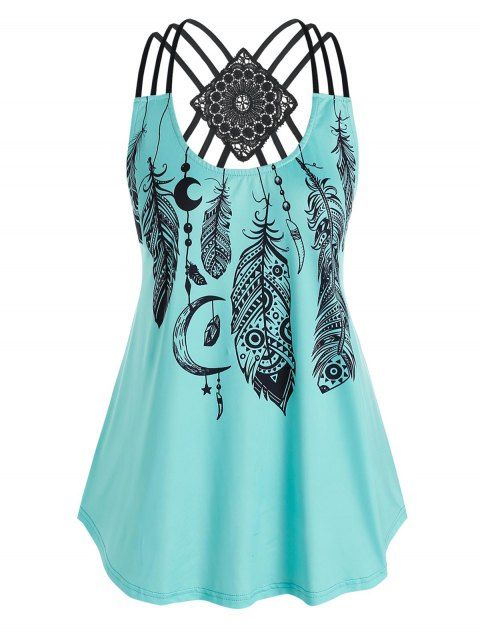 Plus Size Tank Top Dream Catcher Feather Print Flower Lace Strappy Tank Top