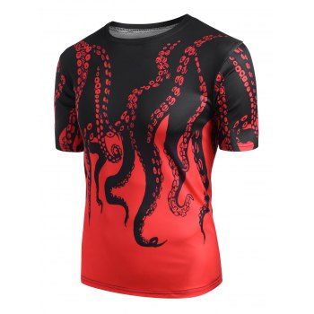 Men T-Shirts Short Sleeve Octopus Printed T-shirt Clothing Online L Red
