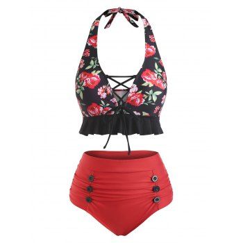 

Vacation Swimsuit Floral Lace Up Ruched Button Ruffle Tankini Swimwear, Black