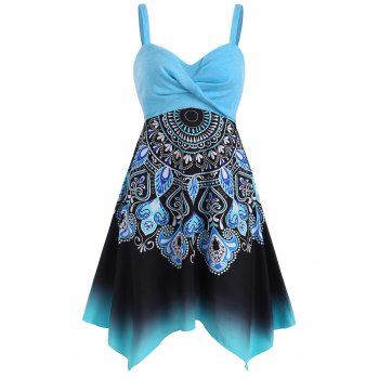 

Plus Size Bohemian Flower Print Twisted Handkerchief Dress, Light blue