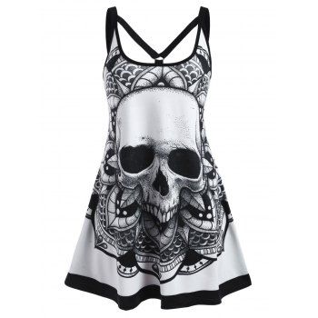 

Plus Size Dress Gothic Dress Skull Flower Print Cut Out Sleeveless Trapeze Mini Dress, White