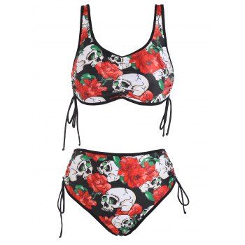 Skull Flower Print Cinched Padded Tankini Swimsuit