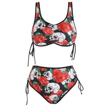 

Skull Flower Print Cinched Padded Tankini Swimsuit, Multicolor