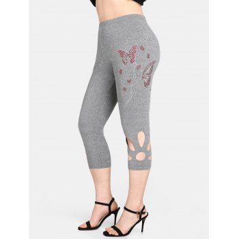 

Plus Size Butterfly Pattern Rhinestone Cutout Capri Leggings, Light gray