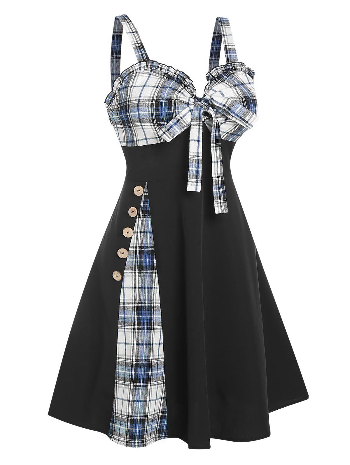 Plaid Print Godet Dress Bowknot Ruffles Mini Dress Mock Button Casual Flare Dress - BLUE M