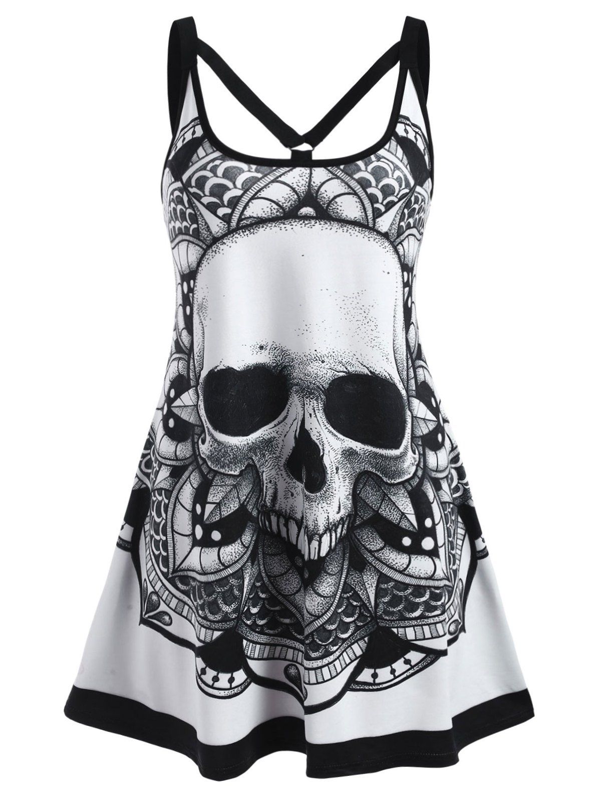 Plus Size Dress Gothic Dress Skull Flower Print Cut Out Sleeveless Trapeze Mini Dress - WHITE 4X