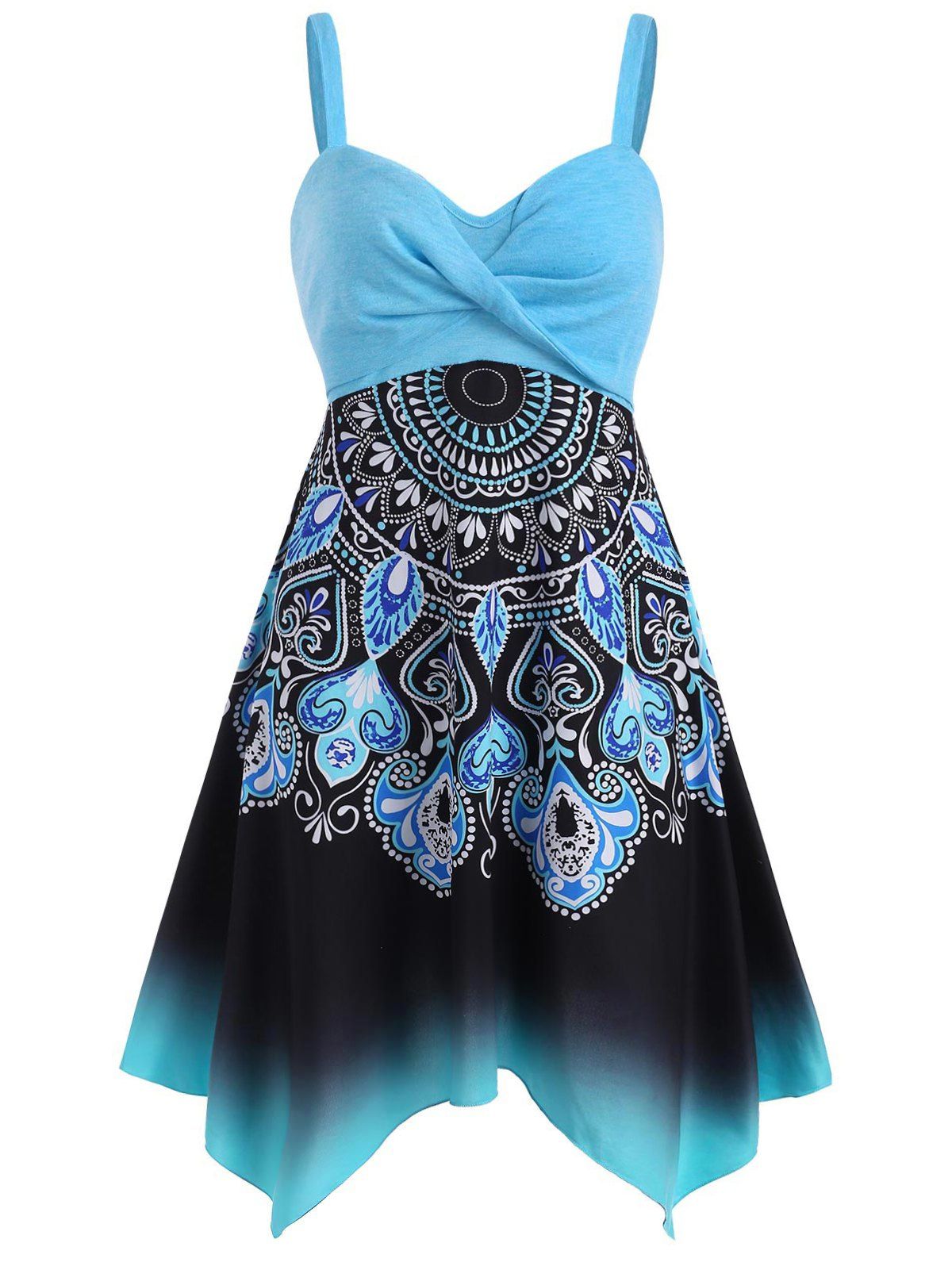 Plus Size Bohemian Flower Print Twisted Handkerchief Dress - LIGHT BLUE 3X