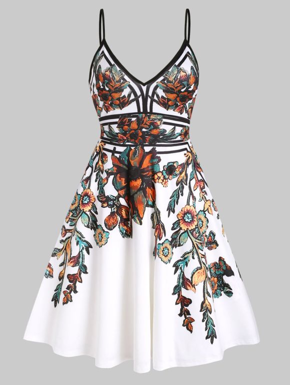 Plus Size & Curve Sundress Flower Midi Dress Leaf Print Vacation A Line Slip Dress - WHITE 5X