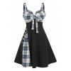 Plaid Print Godet Dress Bowknot Ruffles Mini Dress Mock Button Casual Flare Dress - BLUE XL