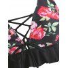 Vacation Tankini Swimsuit Floral Swimwear Lace Up Ruched Button Ruffle Tummy Control Bathing Suit - BLACK M