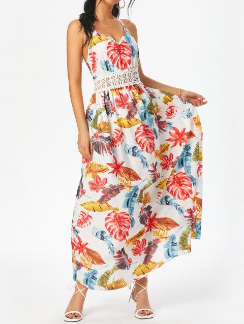 Vacation Dress Tropical Leaf Print Maxi Dress Crochet Lace Insert A Line Dress V Neck Spaghetti Strap Long Dress