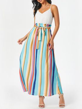 Summer Bohemian Colorful Rainbow Striped Belted Cami Long Dress