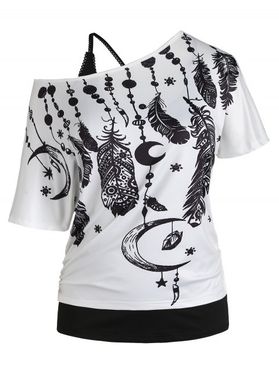 Plus Size Top Feather Print Skew Neck T-shirt and Crisscross Lace Insert Tank Top Twinset