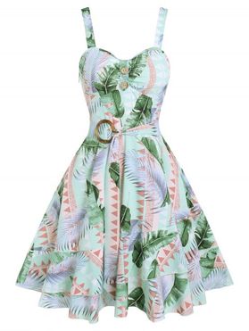 Tropical Leaf Allover Print Vacation Dress O Ring Tiered Flounce A Line Dress Mock Button Ruched Cami Dress