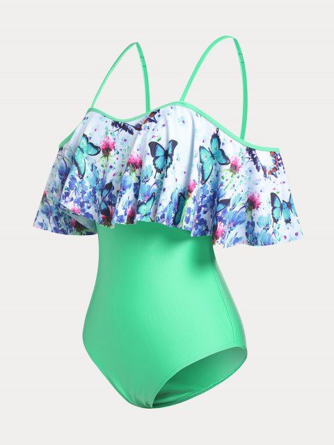 Plus Size & Curve Cold Shoulder Butterfly Print Ruffled One-piece Swimsuit