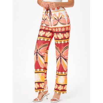 

Floral Palm Butterfly Print Bowknot Wide Leg Pants, Red