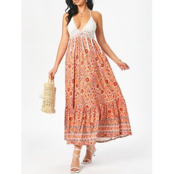 

Bohemian Crochet Panel Floral Print Fringed Contrast Backless Long Beach Dress, Multicolor