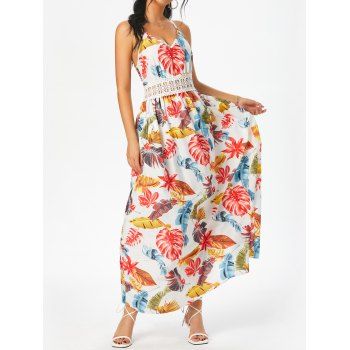 

Tropical Leaf Print Crochet Insert Maxi Dress, Multicolor