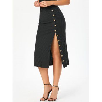 

Ribbed Button Up High Slit Midi Skirt, Black