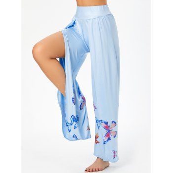 

Slit Butterfly Print Wide Leg Pants, Light blue