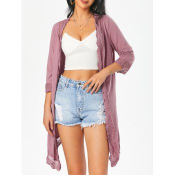 

Open Front Long Crochet Trim Jacket, Light pink
