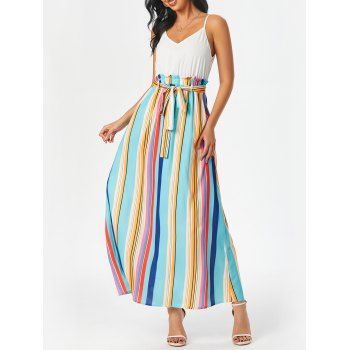 

Summer Bohemian Colorful Rainbow Striped Belted Cami Long Dress, Multicolor