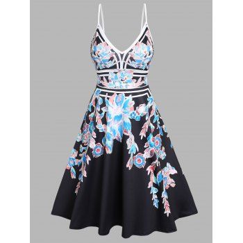 

Summer Vacation Sundress Floral Leaf Printed Flare A Line Slip Mini Dress, Black