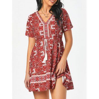 

Drawstring Flower Print Tassel A Line Dress, Red