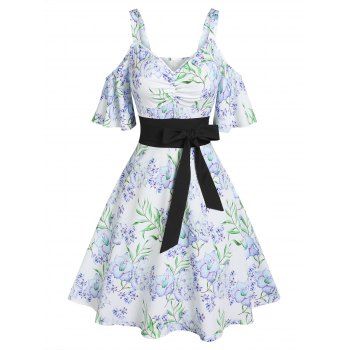 

Cold Shoulder Flower Print Knotted Cutout Dress, White