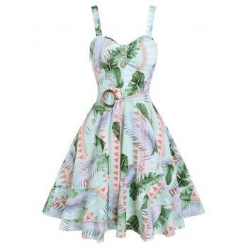 

Tropical Leaf Allover Print Vacation Dress O Ring Tiered Flounce A Line Dress Mock Button Ruched Cami Dress, Light green