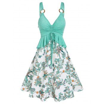 

Flower Print Vacation A Line Dress Cinched Flounce Peplum Dress O Ring Strap Combo Dress, Light green