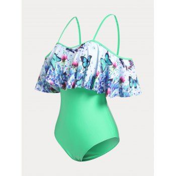 

Plus Size & Curve Cold Shoulder Butterfly Print Ruffled One-piece Swimsuit, Light green