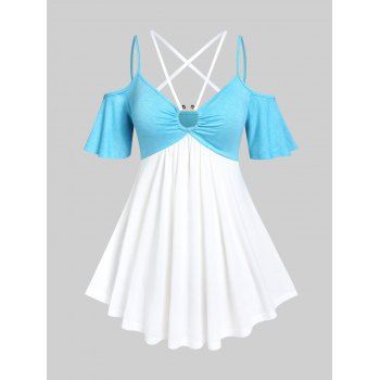 

Plus Size & Curve Cold Shoulder Colorblock O Ring Tee, Light blue