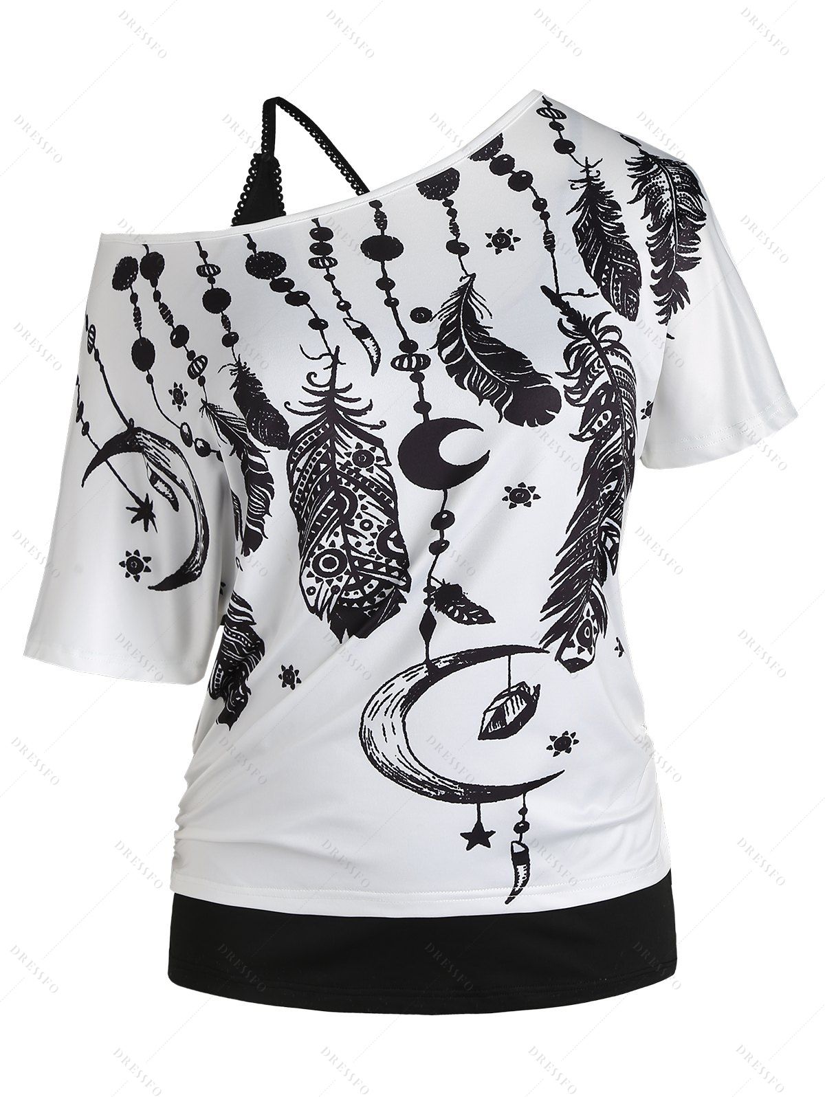 Ensemble de T-shirt à Imprimé Plume de Grande Taille à Col Oblique et de Débardeur Deux Pièces - Blanc 1X