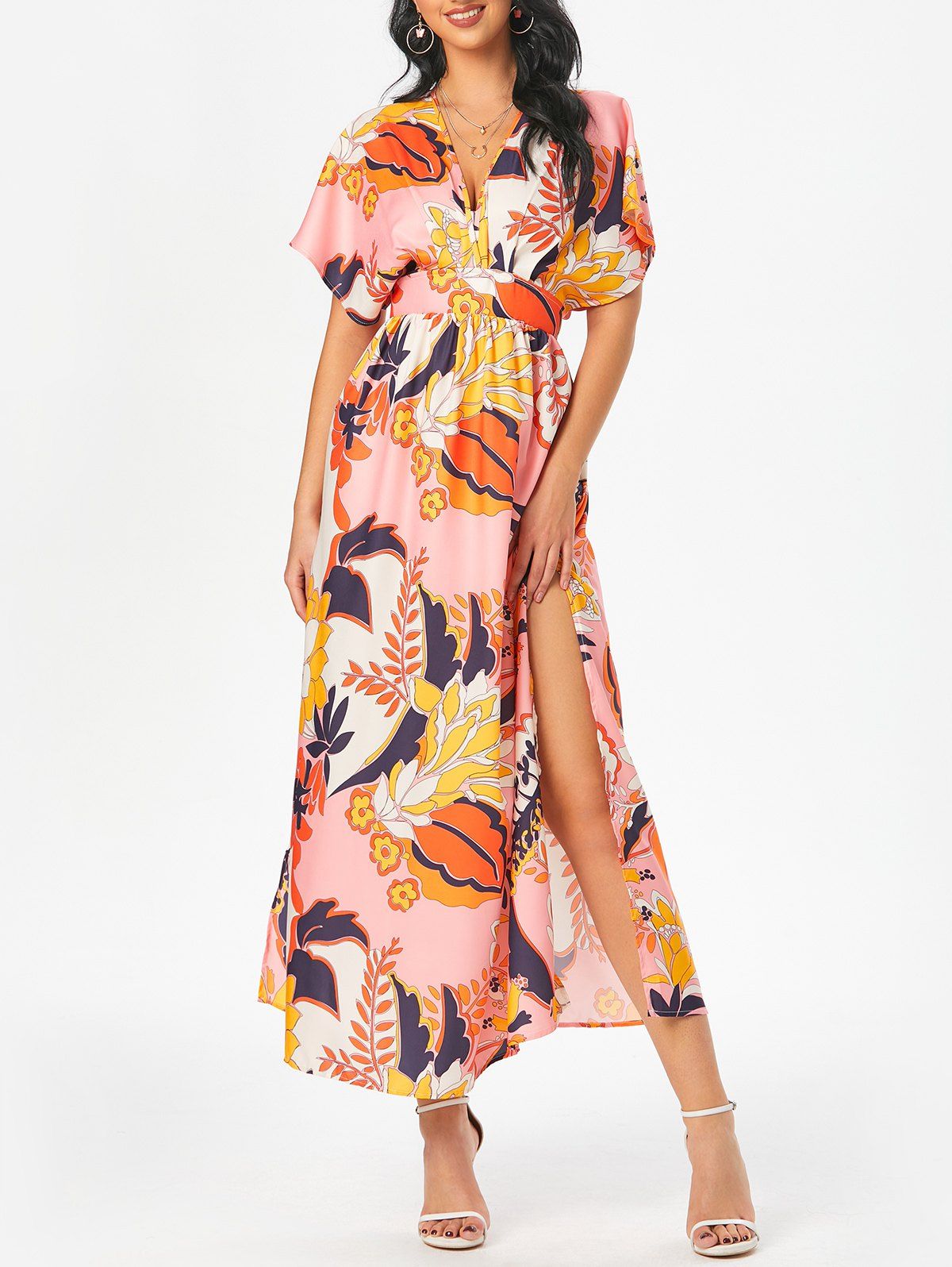Floral Print Batwing Sleeve Slit Maxi Dress - multicolor S