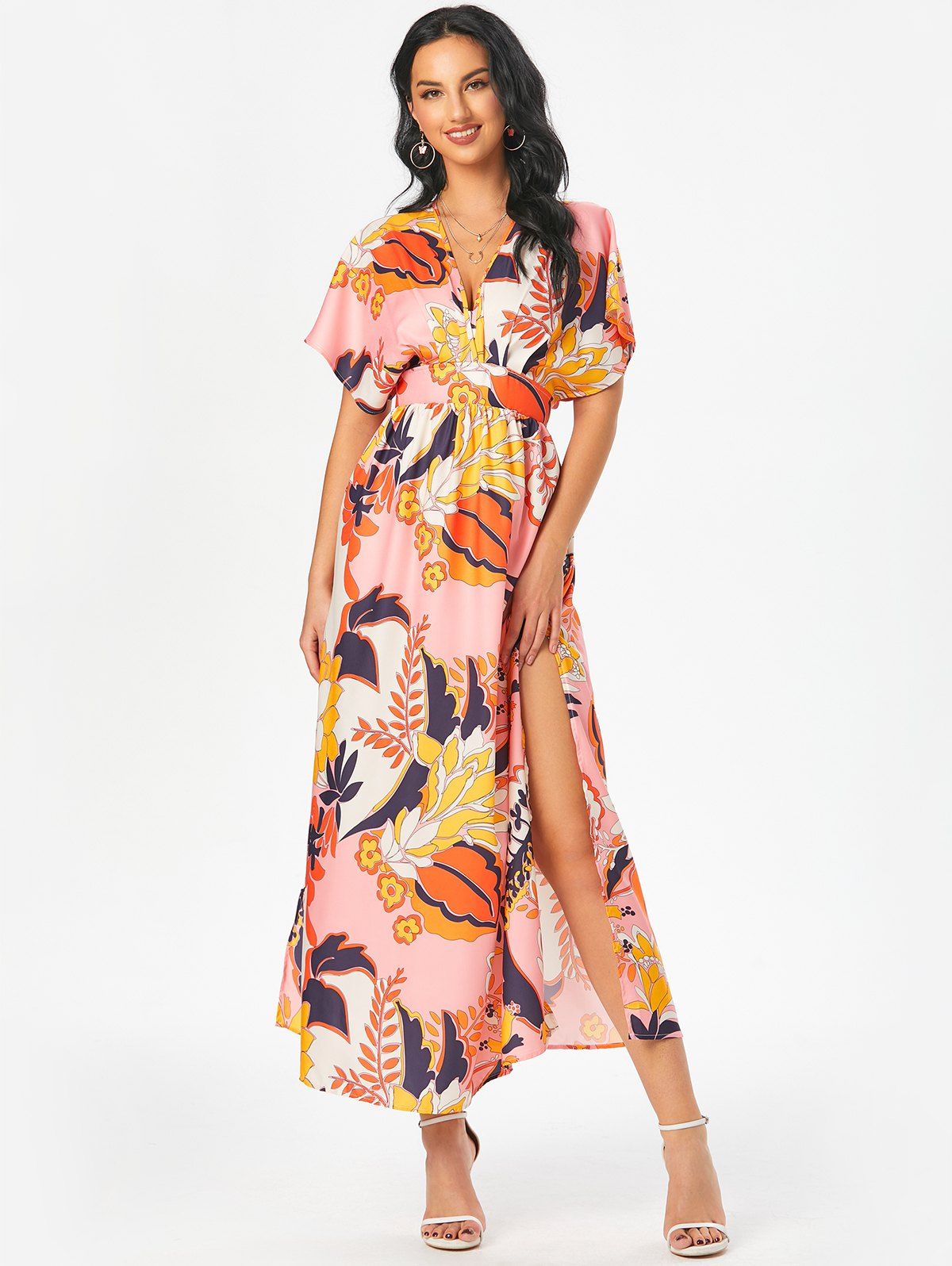 Floral Print Batwing Sleeve Slit Maxi Dress 