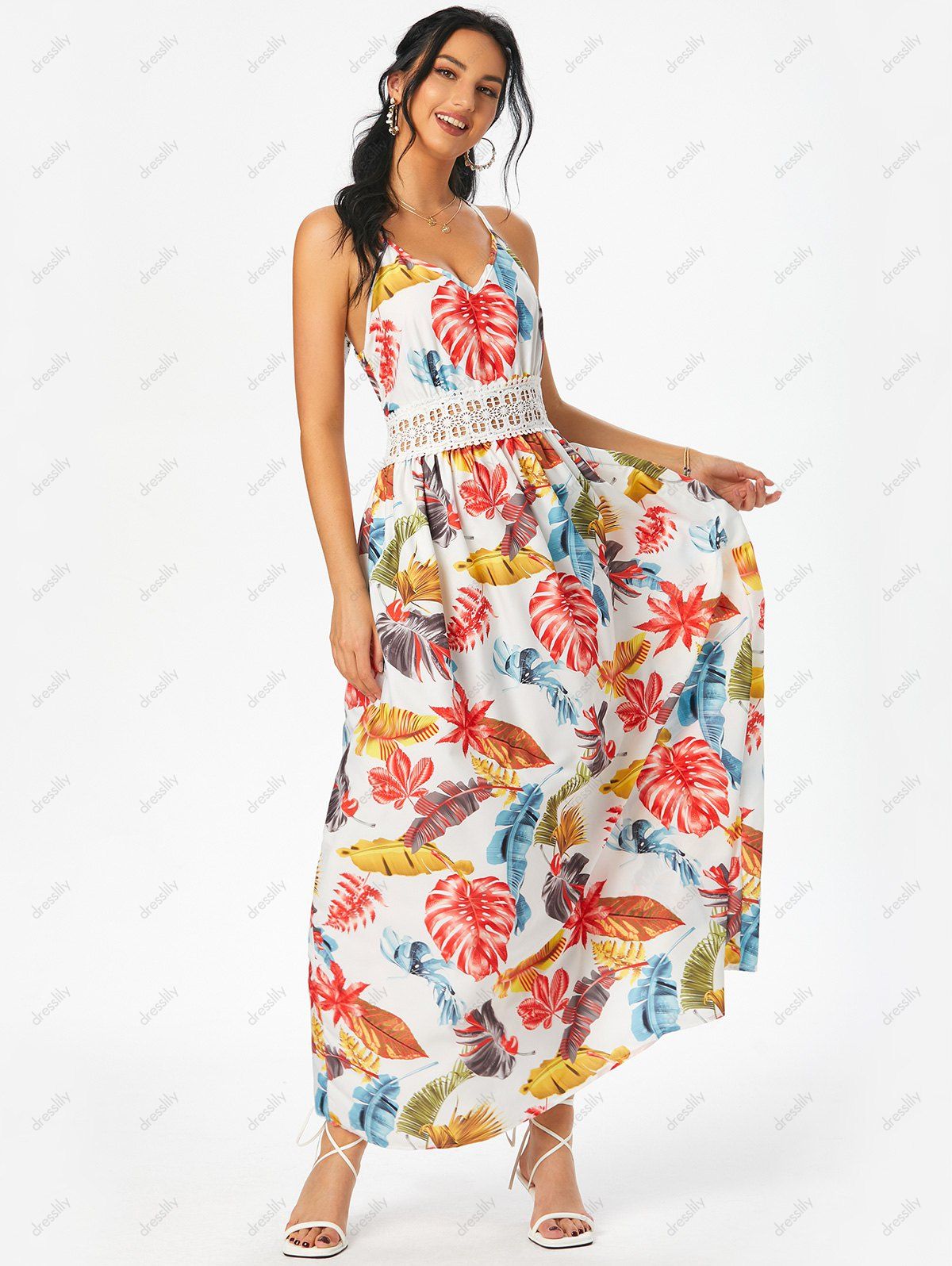 Vacation Dress Tropical Leaf Print Maxi Dress Crochet Lace Insert A Line Dress V Neck Spaghetti Strap Long Dress 