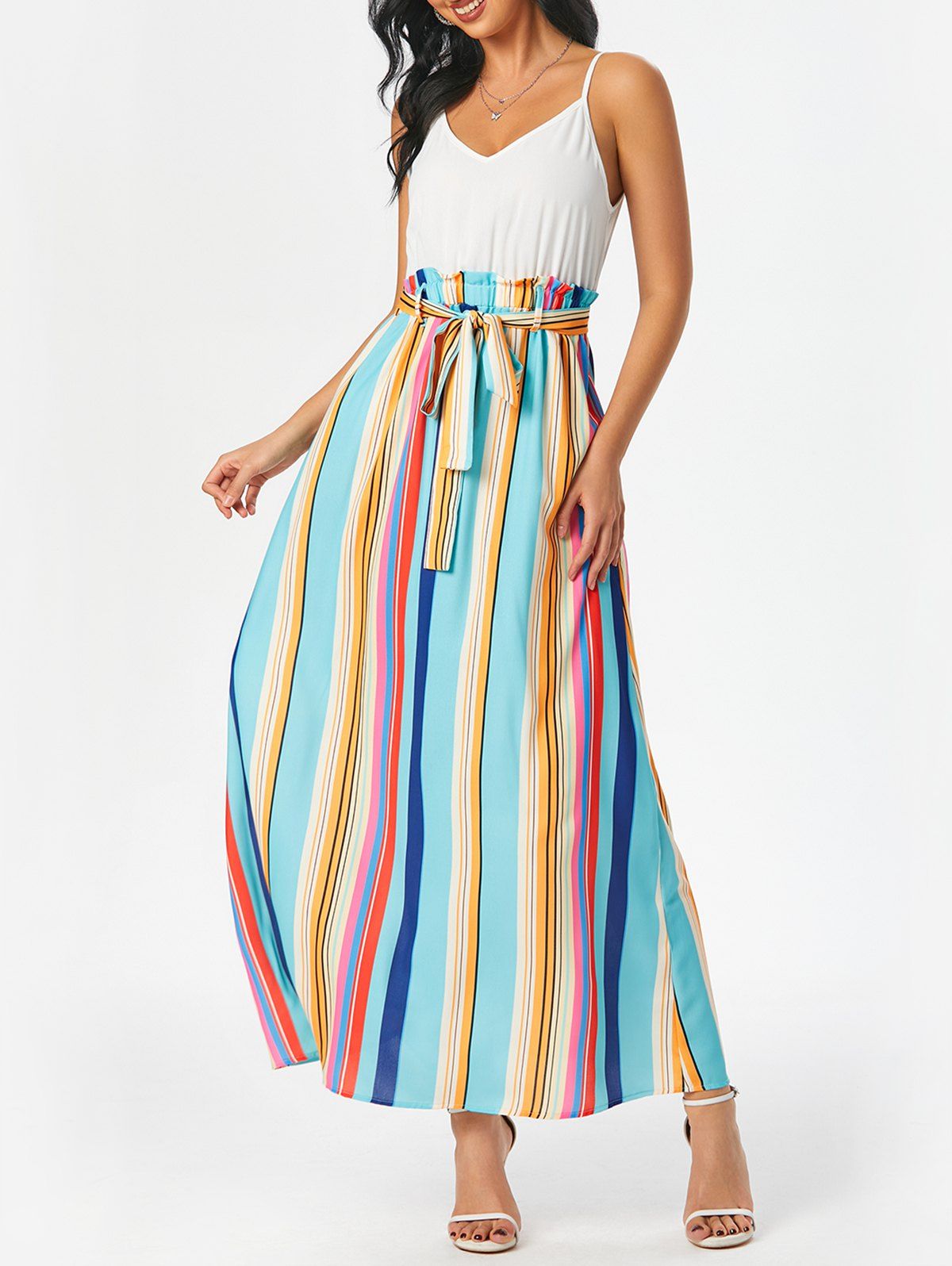 Summer Bohemian Colorful Rainbow Striped Belted Cami Long Dress - multicolor M