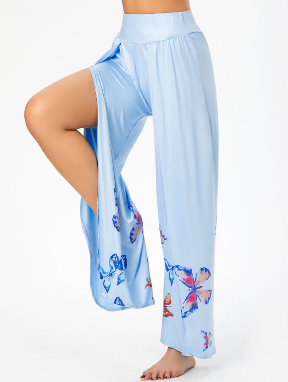 Pantalon Fluide Fendu à Imprimé Papillon à Jambe Large - Bleu clair XL