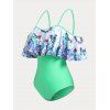 Plus Size & Curve Cold Shoulder Butterfly Print Ruffled One-piece Swimsuit - LIGHT GREEN 5X