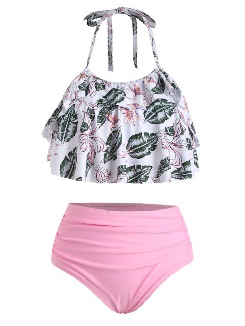 Tropical Tummy Control Swimsuit Leaf Flounce Tankini Ruched Swimwear Set