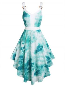 Ocean Tie Dye Print High Low Dress O Ring Straps V Neck A Line Dress Sleeveless Asymmetric Dress
