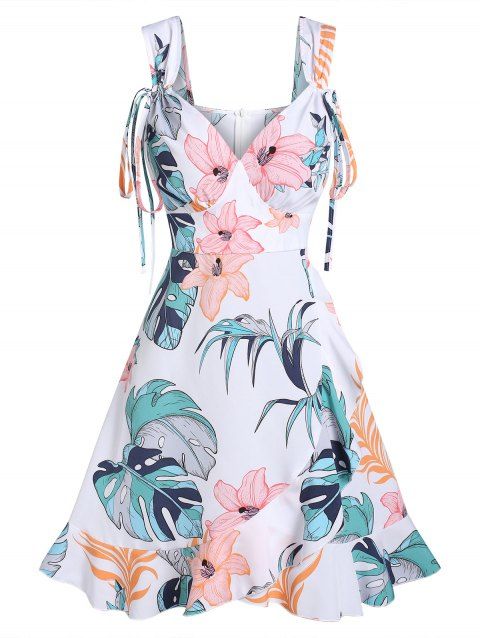 Tropical Leaf Flower Print Vacation Dress Cinched Flounce Hem A Line Mini Dress