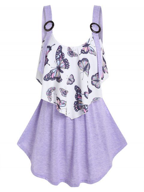 O Ring Butterfly Print Overlap Backless Tank Top