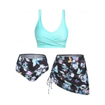 

Gothic Tankini Swimwear Skull Butterfly Floral Print Bathing Suit Crossover Cinched Skirt Beach Three Piece Swimsuit, Light green