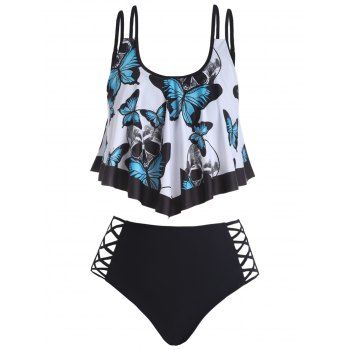 

Gothic Swimwear Skull Butterfly Print Flounce Cut Out Dual Strap Tummy Control Tankini Swimsuit, Multicolor