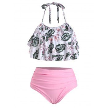 

Tropical Tummy Control Swimsuit Leaf Flounce Tankini Ruched Swimwear Set, Multicolor