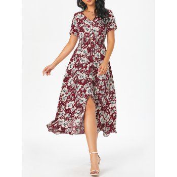 

Floral Print Smocked Waist Button Up Dress, Deep red